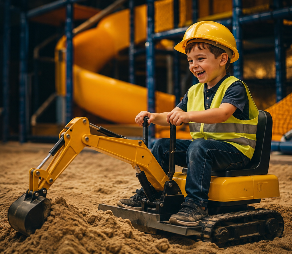 Child operating a construction excavator